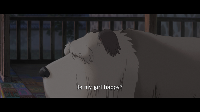 Still from The Imaginary. A tired old dog with thick eyebrows says 'Is my girl happy?'