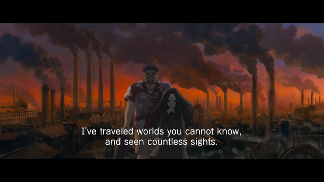 Still from The Imaginary. Mr Bunting stands in front of an industrial landscape with his Imagination, saying 'I've travelled worlds you cannot know, and seen countless sights.'