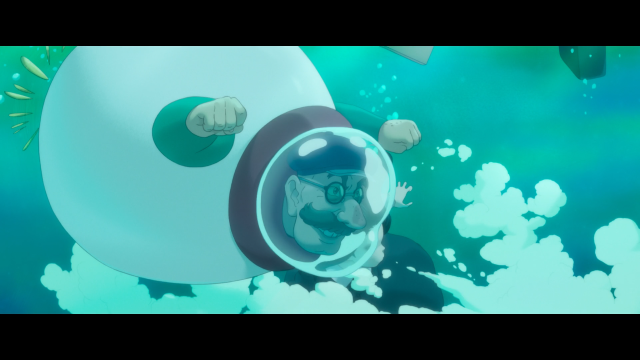 Still from The Imaginary. Mr Bunting has turned into a white round blob with a bubble helmet and a propeller at the back.