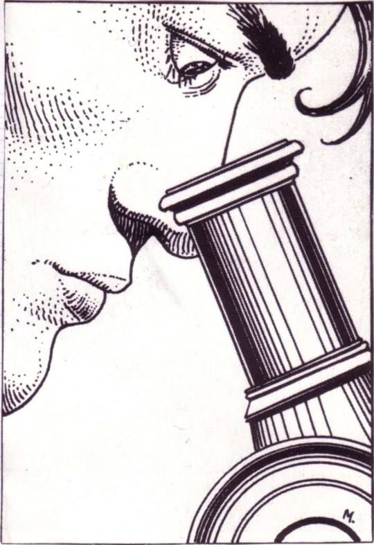 Black and white drawing by Moebius of a man looking down a microscope.