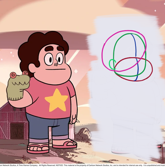 Design sheet from Steven Universe, with a breakdown of the character into shapes alongside.