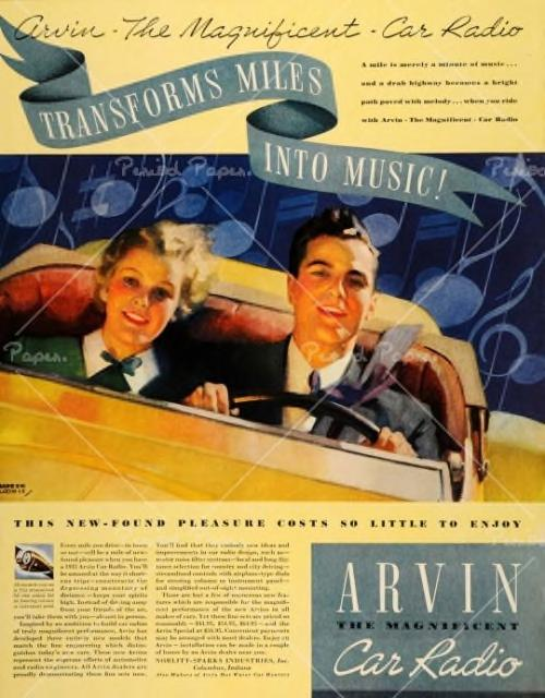 Advert for an Arvin car radio with a white man and woman driving a convertible car against a background of musical notes.