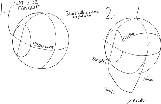 A sphere with a flattened side, projected to a circle and an oval. Three perpendicular great circles are marked (the centrelines). A secondpanel shows how I drop the jaw down from this construction.