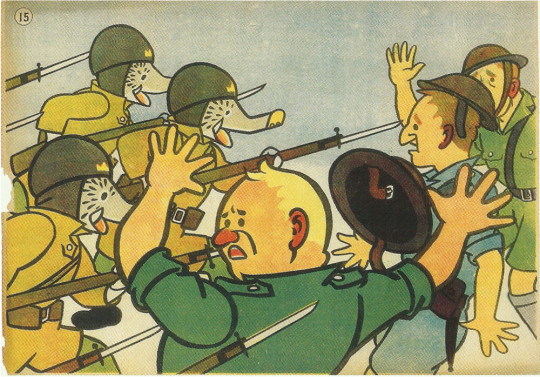 Kamishibai panel from Kintaro the Paratrooper, showing Japanese boars bayonetting British soldiers.