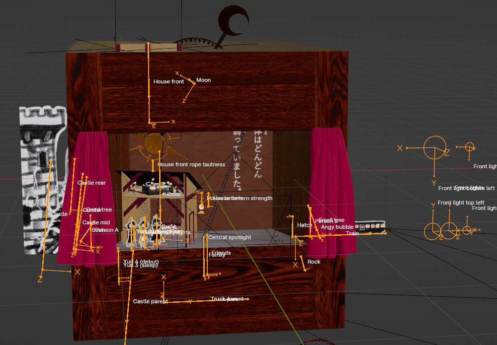 The rig for the project, with all the bones visible and labelled.
