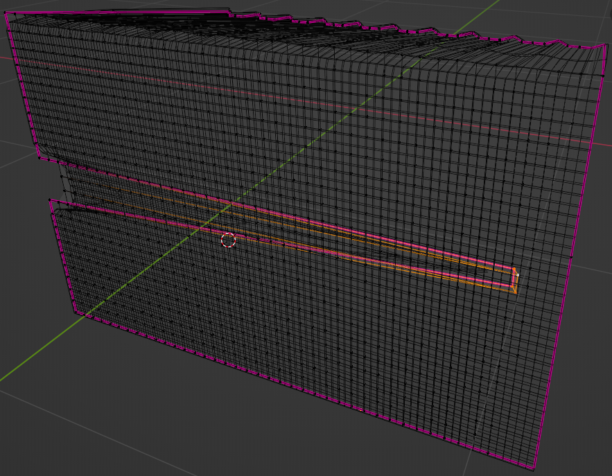 The second shape key, with a small group of vertices pulled almost all the way across the curtain.