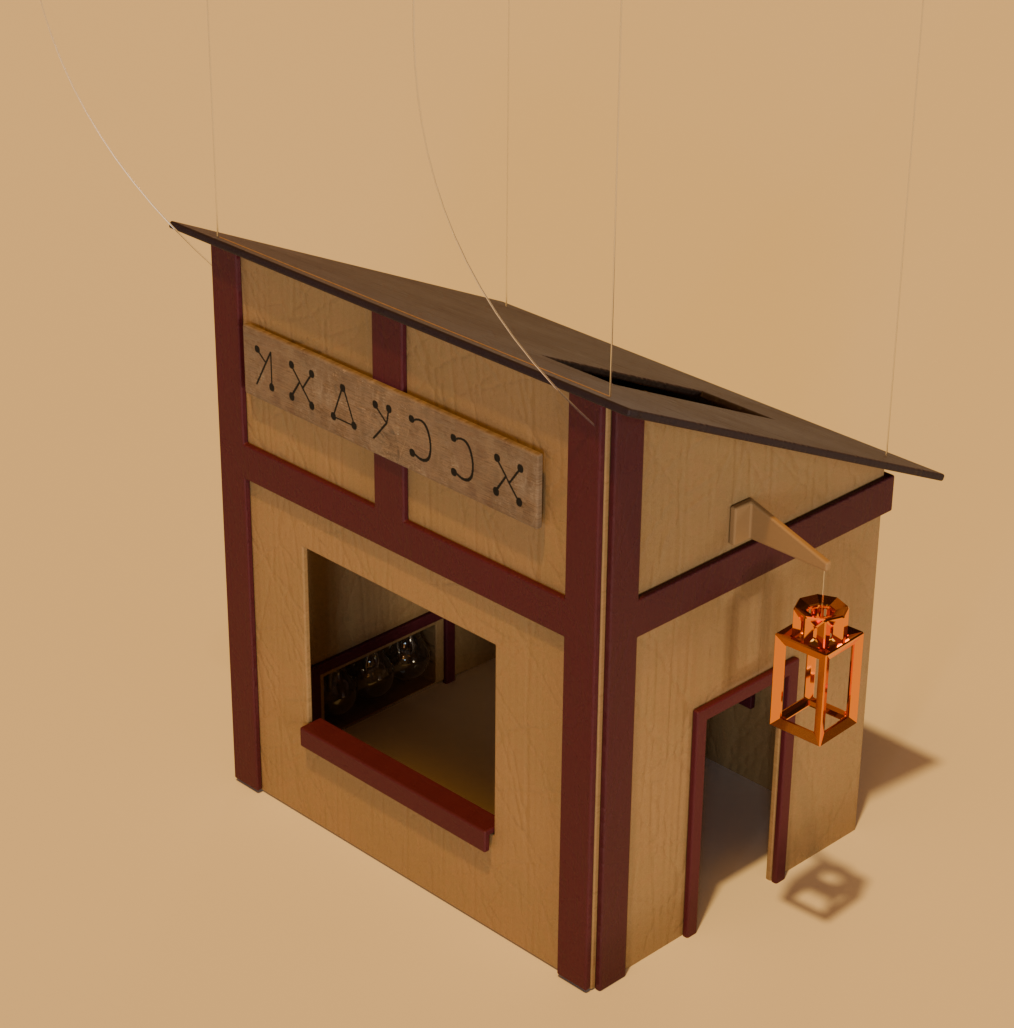 A render of the witch's house, under bright lighting.