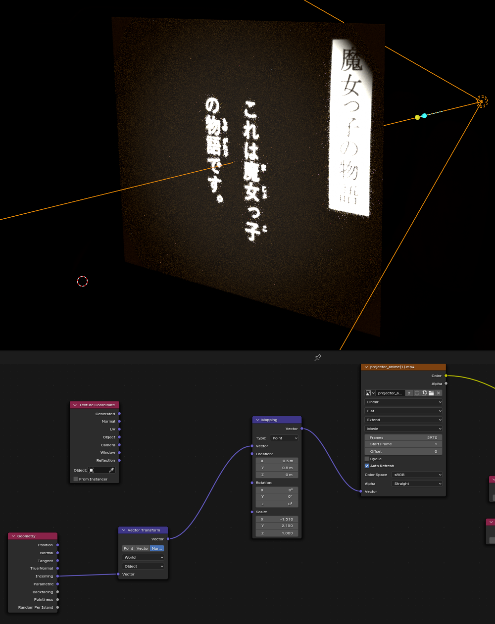 An image of the node graph for the spotlight, and the resulting effect.