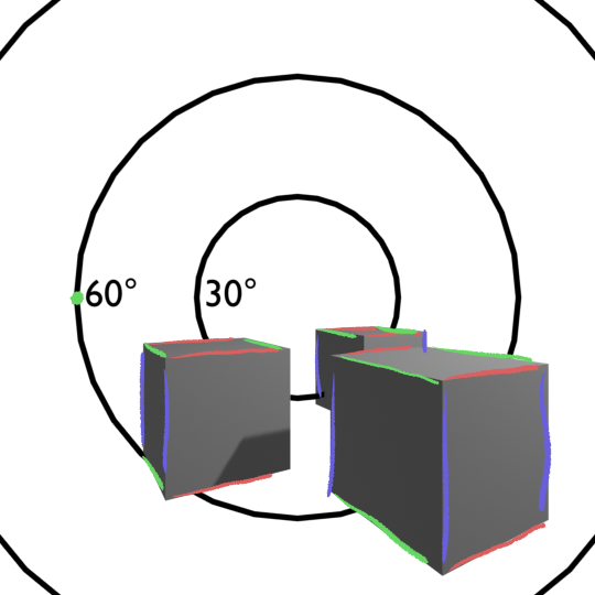 The same three cubes. Because they have a set of edges parallel to the vertical direction, they are in 'two point' perspective.
