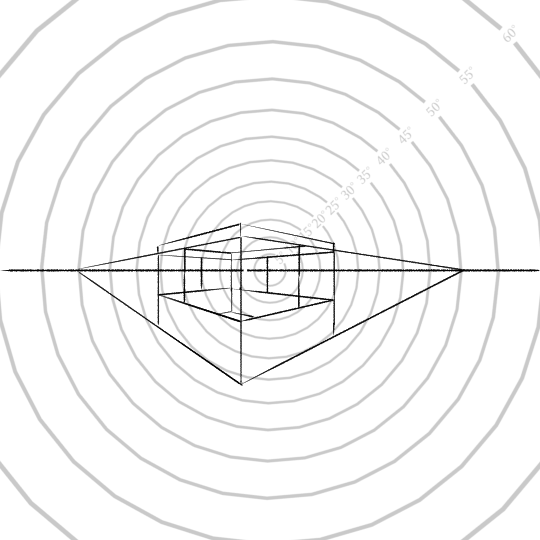 A perspective drawing on top of the angle field with vanishing points 45 degrees from the principal point.