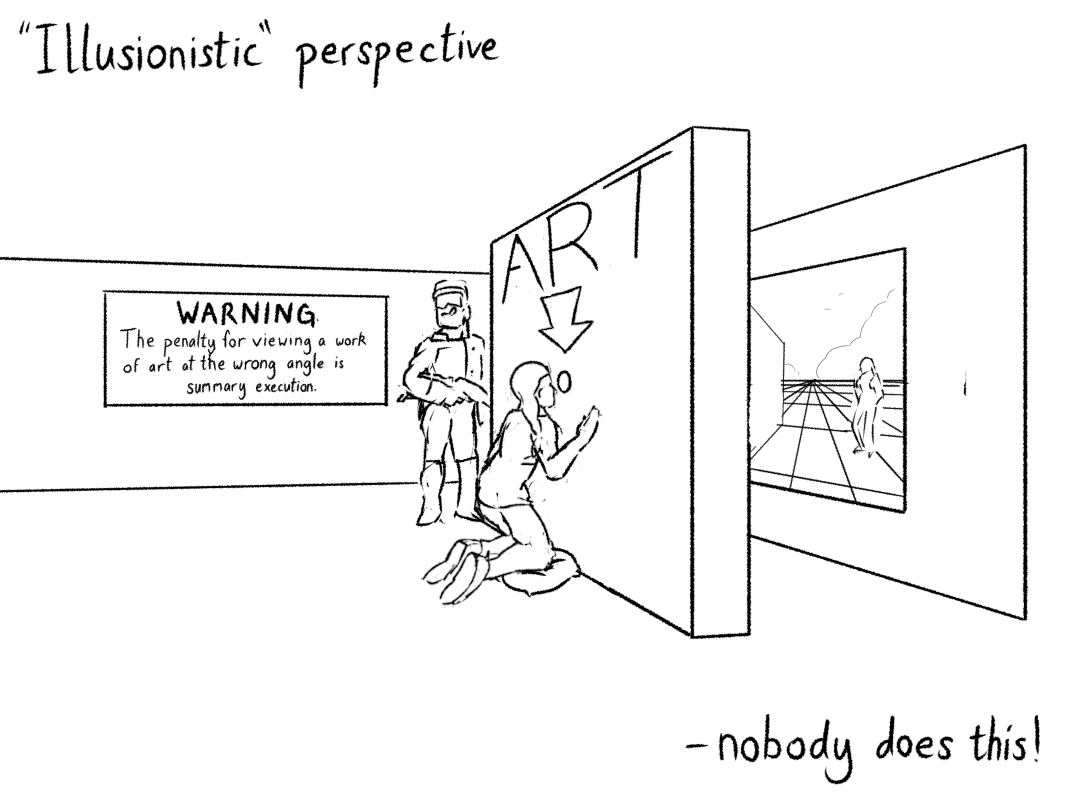Illusionistic perspective, where the viewer must look through a specific eyepiece, is rarely used.