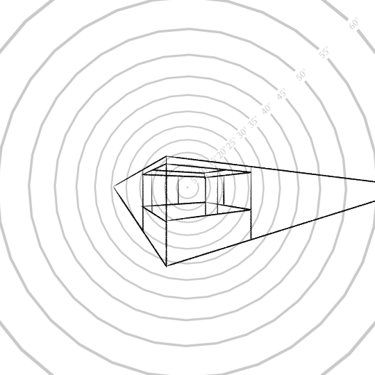 A different perspective drawing of the same figure on the same angle field with the VPs in different positions.