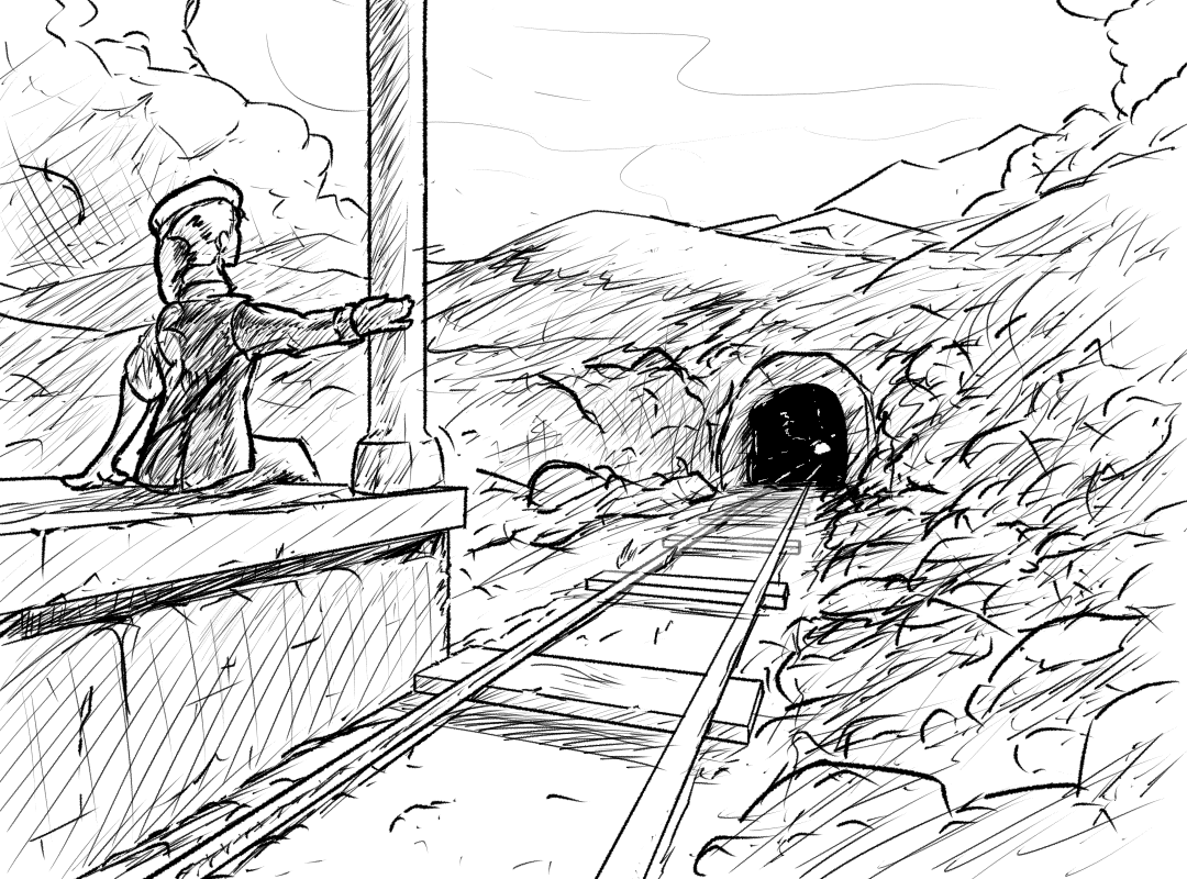 A girl sits on the platform by a railway leading into a tunnel. A distance plume of smoke suggests an approaching train. The scene is rendered using pencil style hatching.