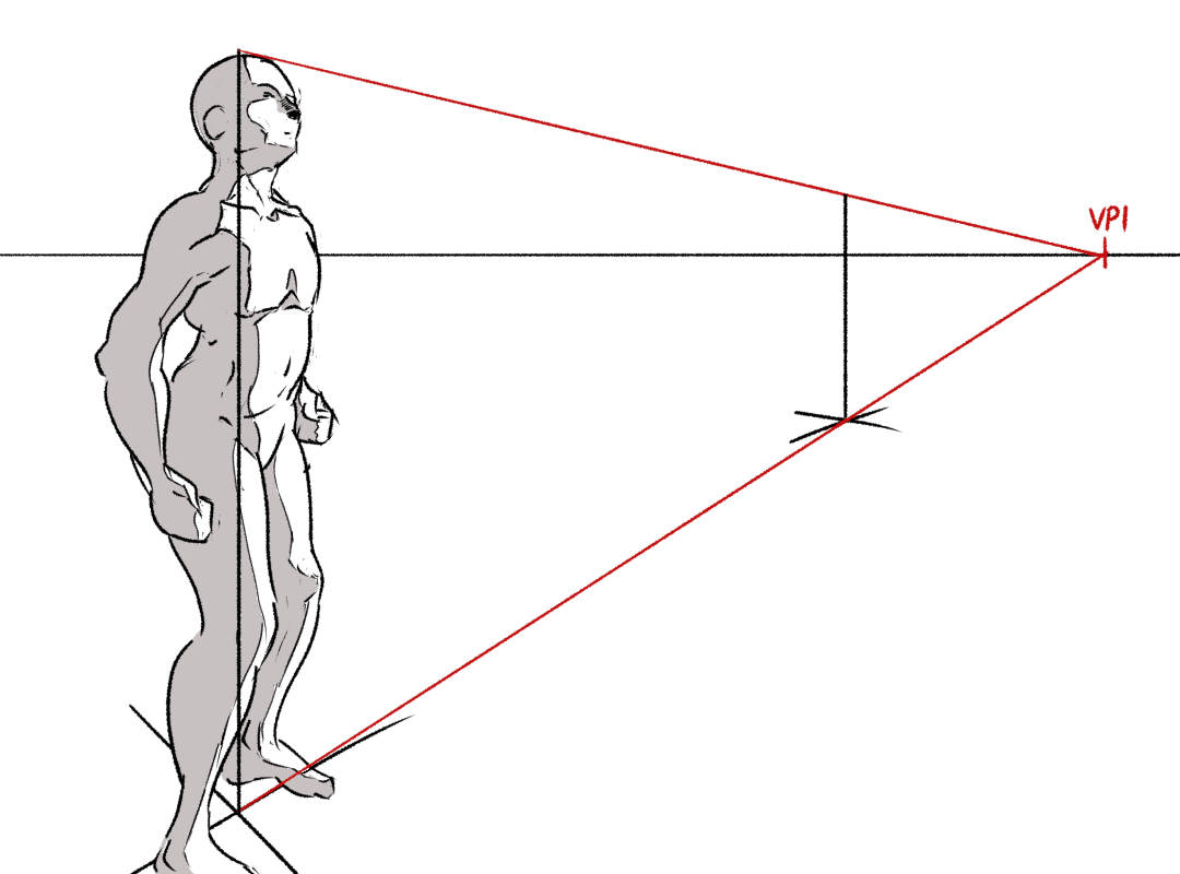 Using this vanishing point, a vertical line at the original figure is transported to the second cross.