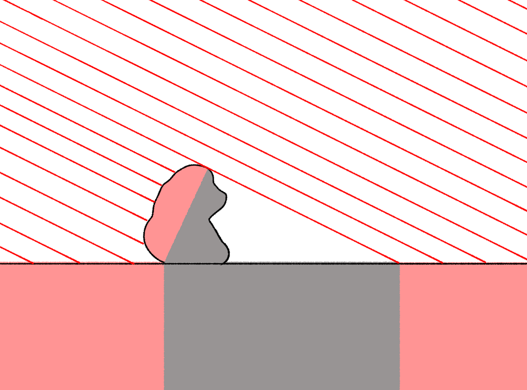 A 2D slice of a world in which a bumpy object blocks out a chunk of slanting rays, delineating an area where no light falls. The edge of this dark area is marked by a ray that just grazes the top of the bumpy object.