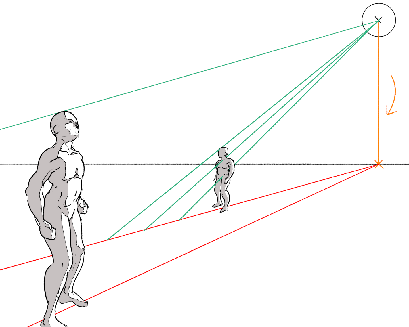 Light rays are drawn through the figures until they hit the baseline.