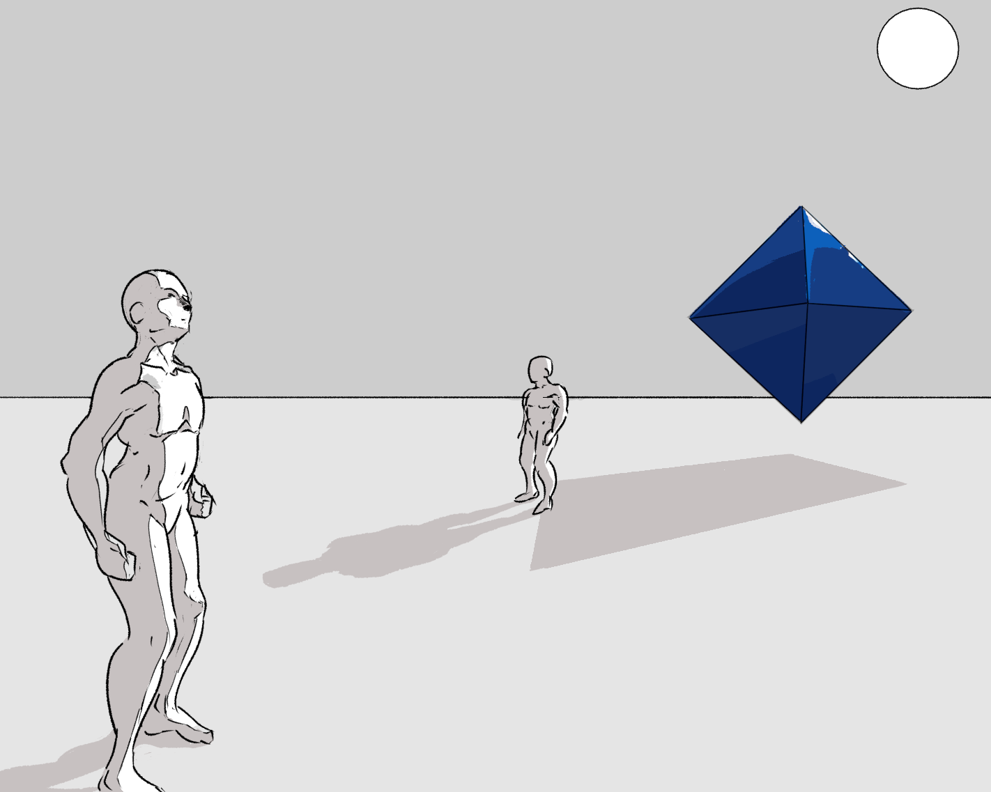 The octahedron is now shaded blue and the shadow we drew filled in grey.