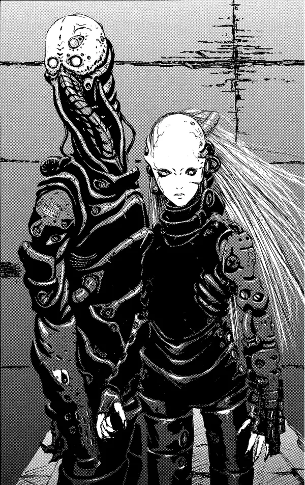 Panel from Blame showing two cyborgs. One has a more or less human-like shape, the other an elongated neck and bulbous blank eyes. Both have bare skulls with various tubes coming out of their heads. They're both wearing black segmented suits.