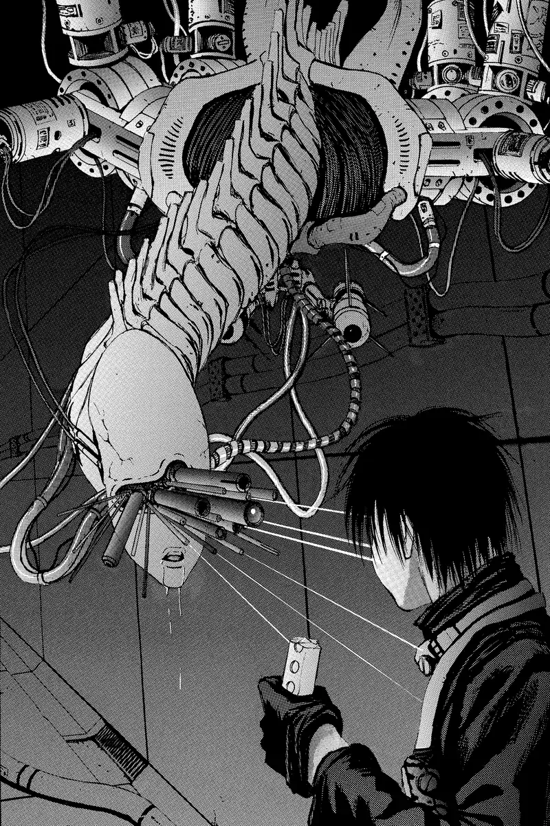 Splash panel from Blame! in which protagonist Killy is confronted by a cyborg defense system with a long flexible spine and a humanoid head with a bunch of camera tubes and gun barrels sticking out where the eyes should be.