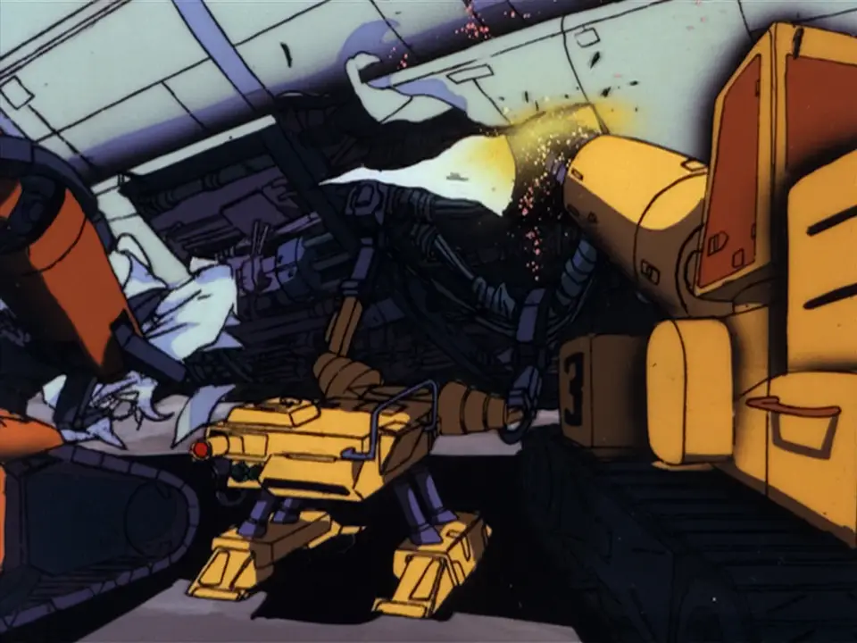 Still from Dallos (1983-4), in which bright yellow construction robots tear apart a grounded spaceship. The robots have boxy construction with cylindrical actuators, and cabs similar to real construction equipment.