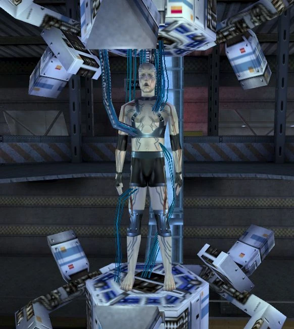 Screenshot from Deus Ex in which the character Bob Page, a bald white man with blue wires running over his skin, stands in the middle of a large machine, connected by further wires.