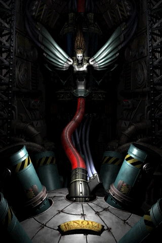 The character Jenova-Doll from Final Fantasy 7 in a pre-rendered cutscene. Her lower body blends into a large red pipe, connected to an orb and surrounded by large cylinders.