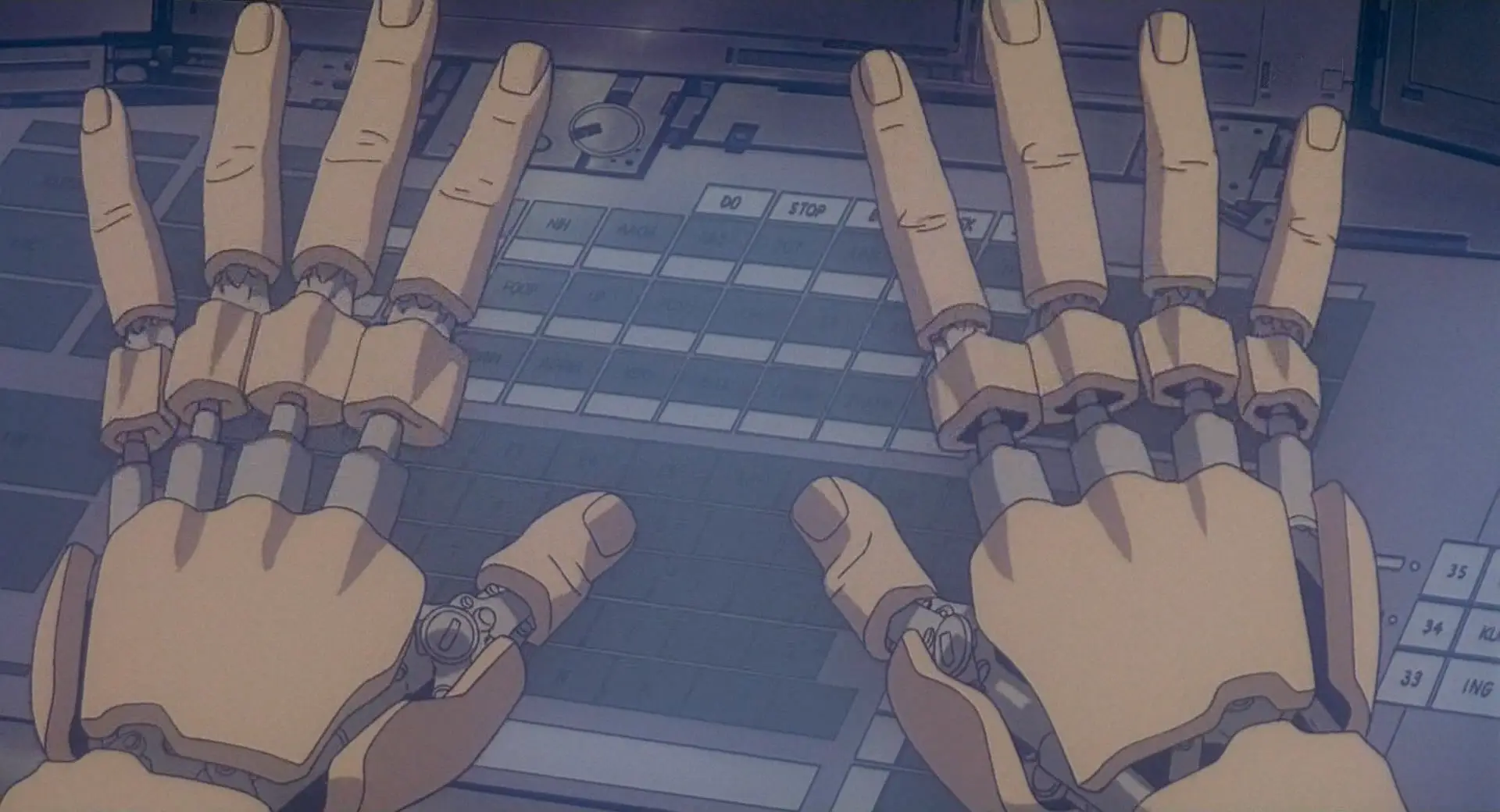Still from GitS. A cyborg's fingers have split into segments...