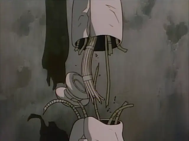 Still from Gunnm. Yugo's arm tears apart as Gally tries to rescue him. The inside of his arm is mostly cables.