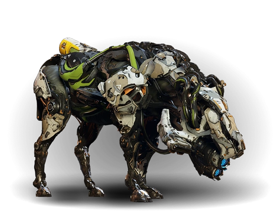 A 'Strider' from Horizon Zero Dawn. This is a bulky robot which resembles a horse. Artificial muscles can be seen at its haunches and shoulder.
