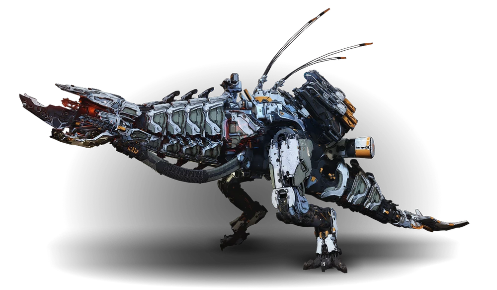 A 'Thunderjaw' from Horizon Zero Dawn. This is a massive robot resembling a T. rex. Its neck is segmented in large chunks and its back has various antennae and weapons.