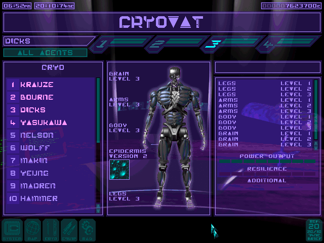 Screenshot from Syndicate Wars, showing the 'Cryovat' screen with the exposed inside of a cyborg body.