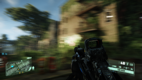 An FPS game where the player is rotating the camera quickly, causing the scene to heavily blur.