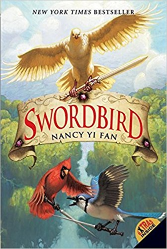The cover of the book Swordbird by Nancy Yi Fan, featuring birds of various species holding swords in their talons and fighting