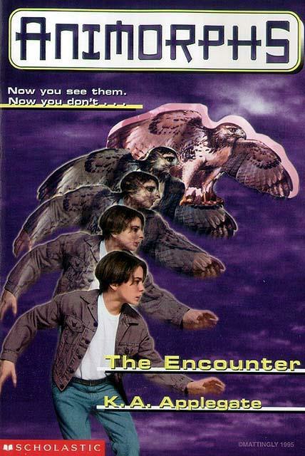 Cover of Animorphs book 3 'The Encounter', showing a series of images of a boy being digitally morphed into a hawk.