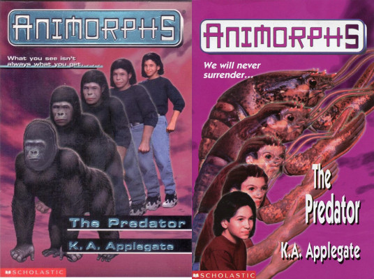 Two covers of Animorphs Book 5 'The Predator'. One shows a very young boy transforming into a gorilla in a series of stages. The second, rather more poorly edited, shows the same boy transforming into a lobster.
