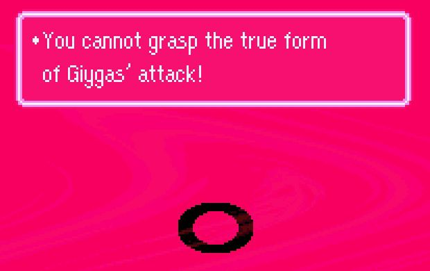 A pink screen from the game Earthbound, with a black ellipse towards the bottom of the screen. A text box says "You cannot grasp the true form of Giygas' attack!"