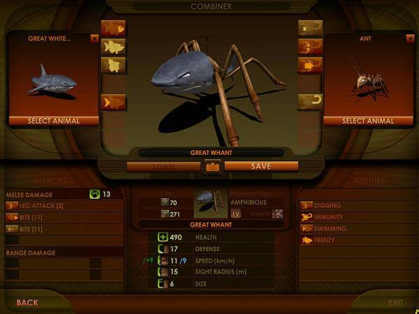 A screenshot of the game 'impossible creatures' showing a Great Whant created from a great white shark and an ant.