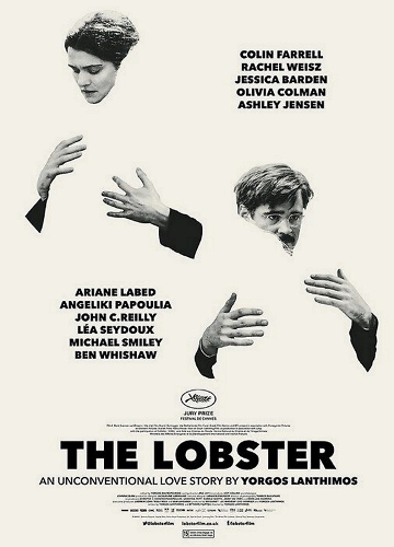 The poster for the art film 'The Lobster' (2015) featuring the heads and hands of two people hugging empty space.