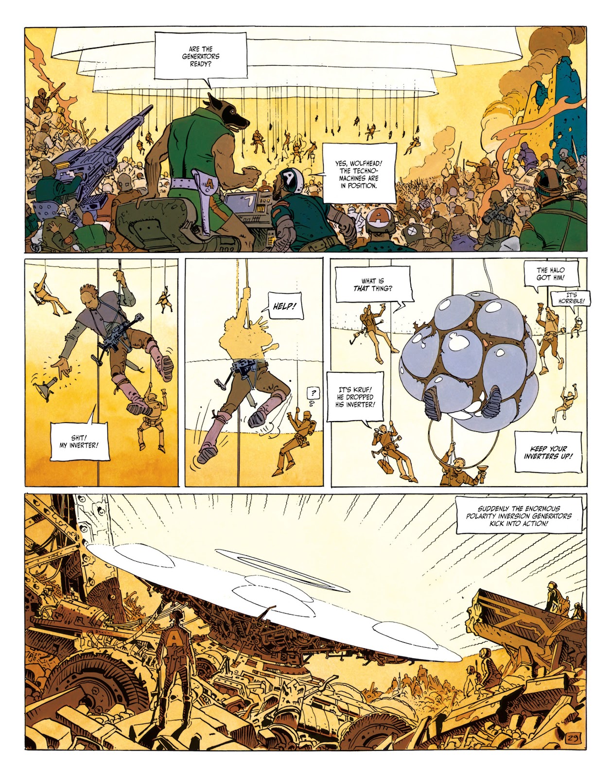 Page from the Incal. Wolfhead's mercenaries are climbing on wires. A man is violently exploded by a polar inversion generator.