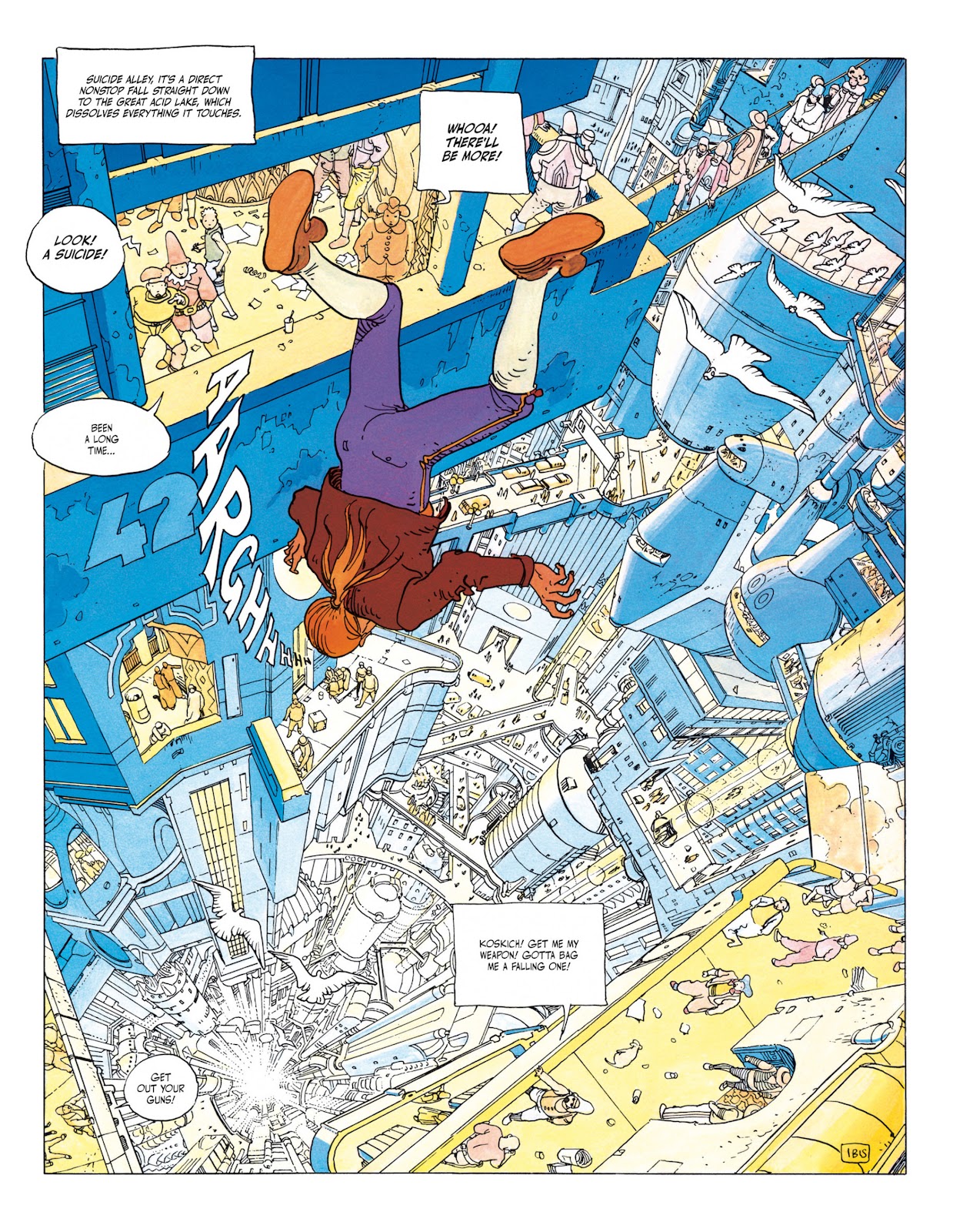 Page from The Incal. John DiFool plummets into a huge shaft.