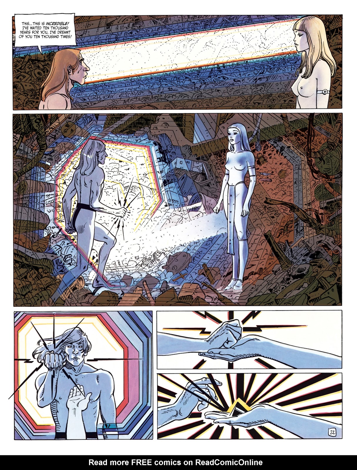 Page from The Incal. John DiFool, drawn in a more angular muscular style, ands over the Black Incal to Animah.