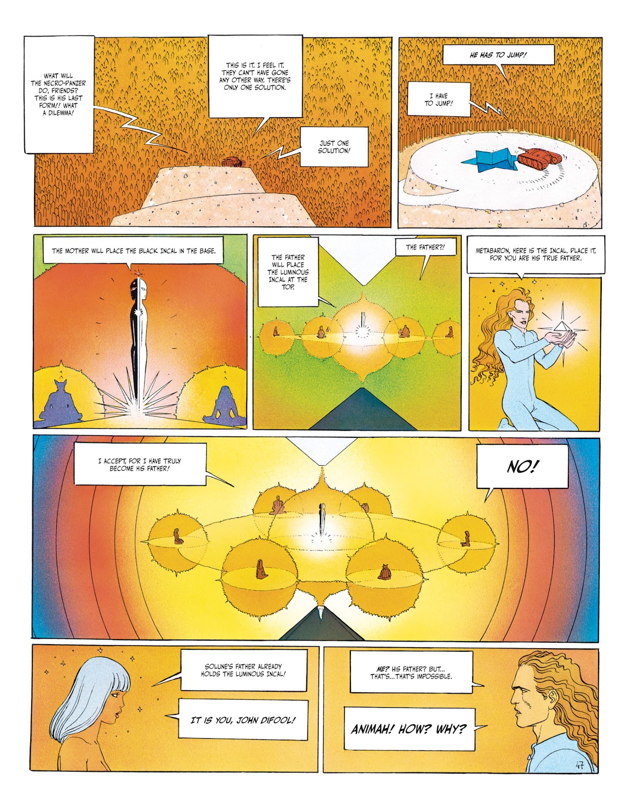 Page from the Incal. Abstract alchemical imagery accompanies John learning he's a dad.