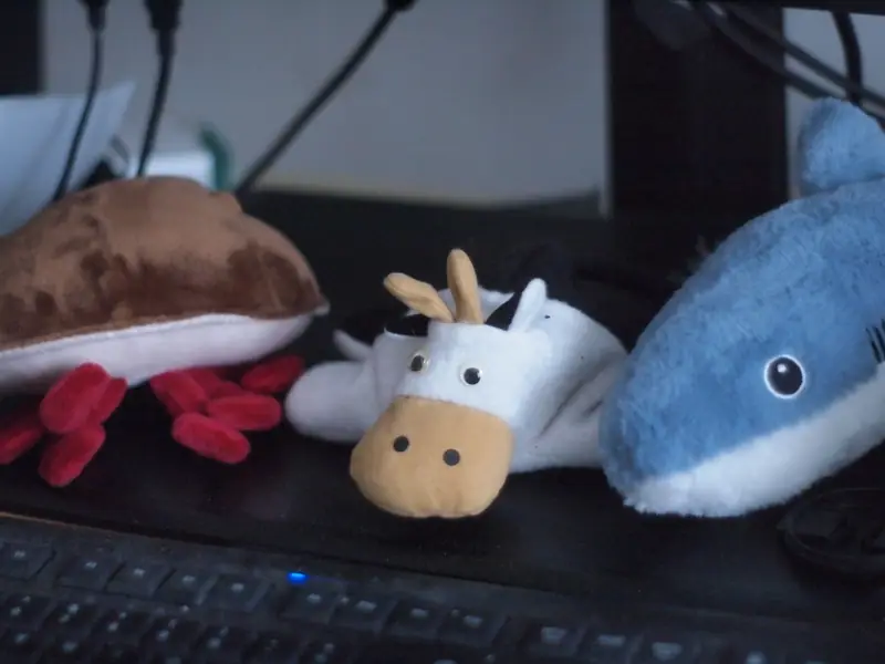 A plush cow in a splayed posture in between a plush hermit crab and a plush shark.