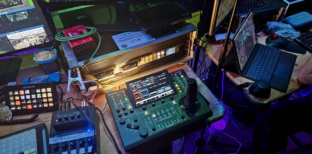 Lots of video equipment in use by the Beam Team, including an SSD recorder, a Stream Deck to toggle effects, and the controls for the camera.