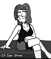 Cropped image of Ellen, Elliot's female clone, sitting with her legs crossed. She has similar brown hair to Elliot, but shoulder-length.