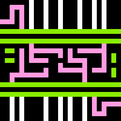 A pixel art sigil in white, pink and green on a black background. Horizontal green double-bars cross the figure, separating it into thirds. There are white vertical bars at the top and bottom, and more complex pink shapes in the middle, as well as top left and right. A few smaller green bars sit in the centre.