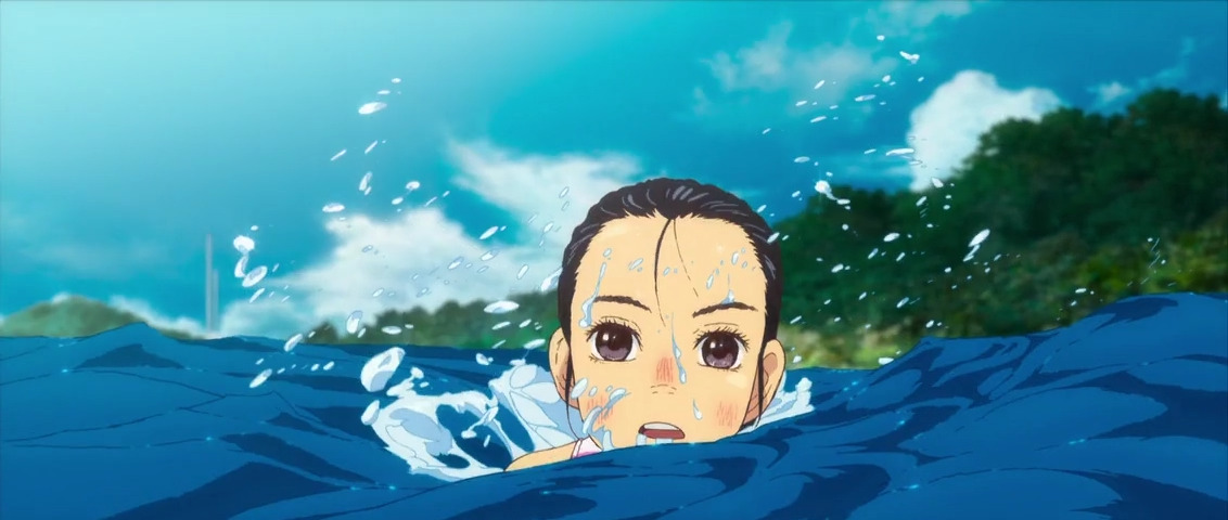 Still from Children of the Sea, showing a character swimming, and the water deforming around her.