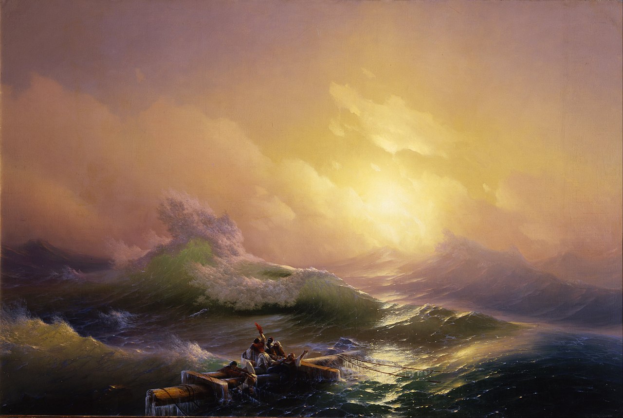 The Ninth Wave by Ivan Aivazovsky. A starkly lit scene of stormy waves with people clinging to debris in the foreground.