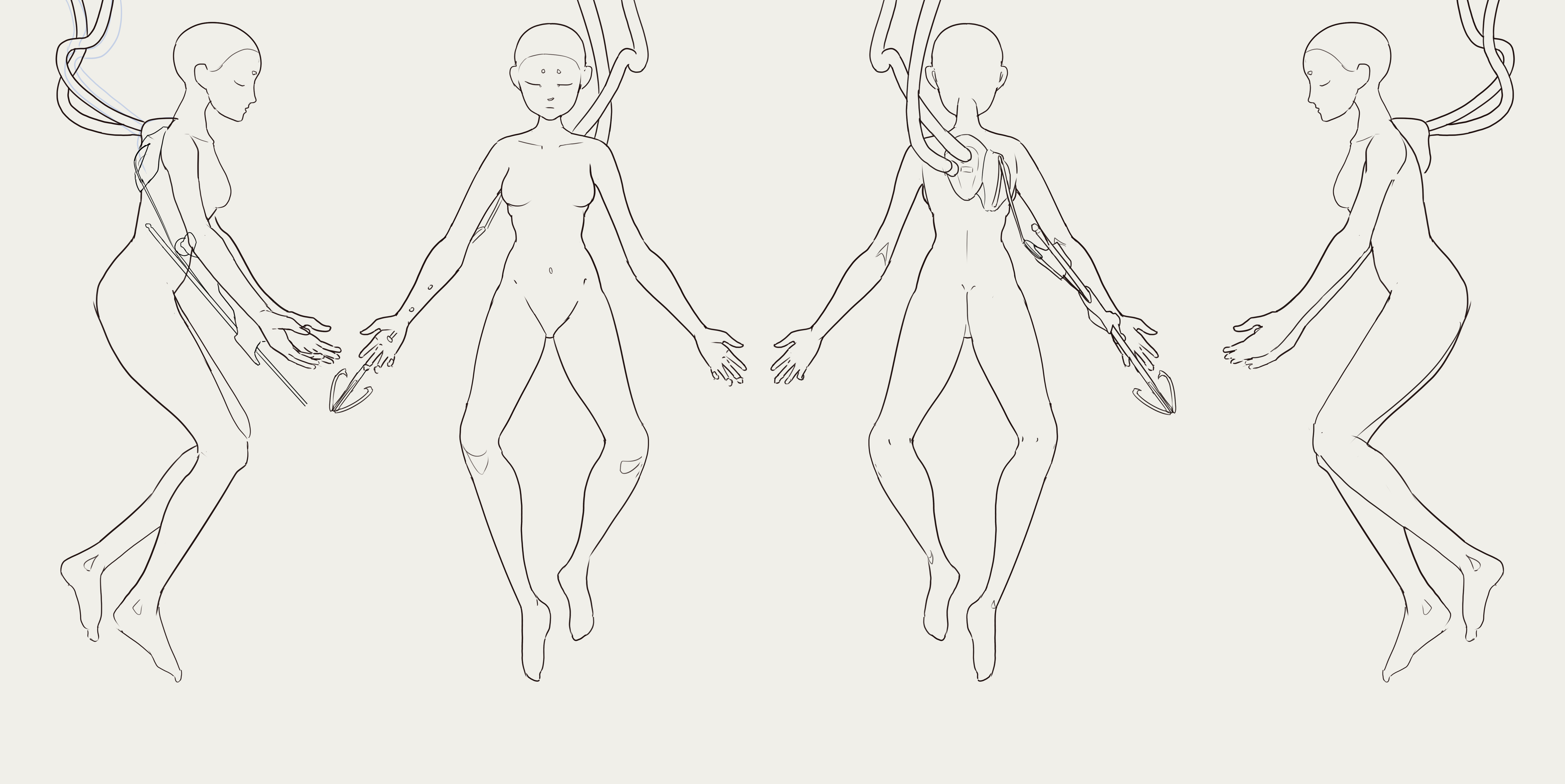 Four views of a character with doll-like proportions, in a pose suggesting floating in fluid, with cables attached to the nape of her neck.