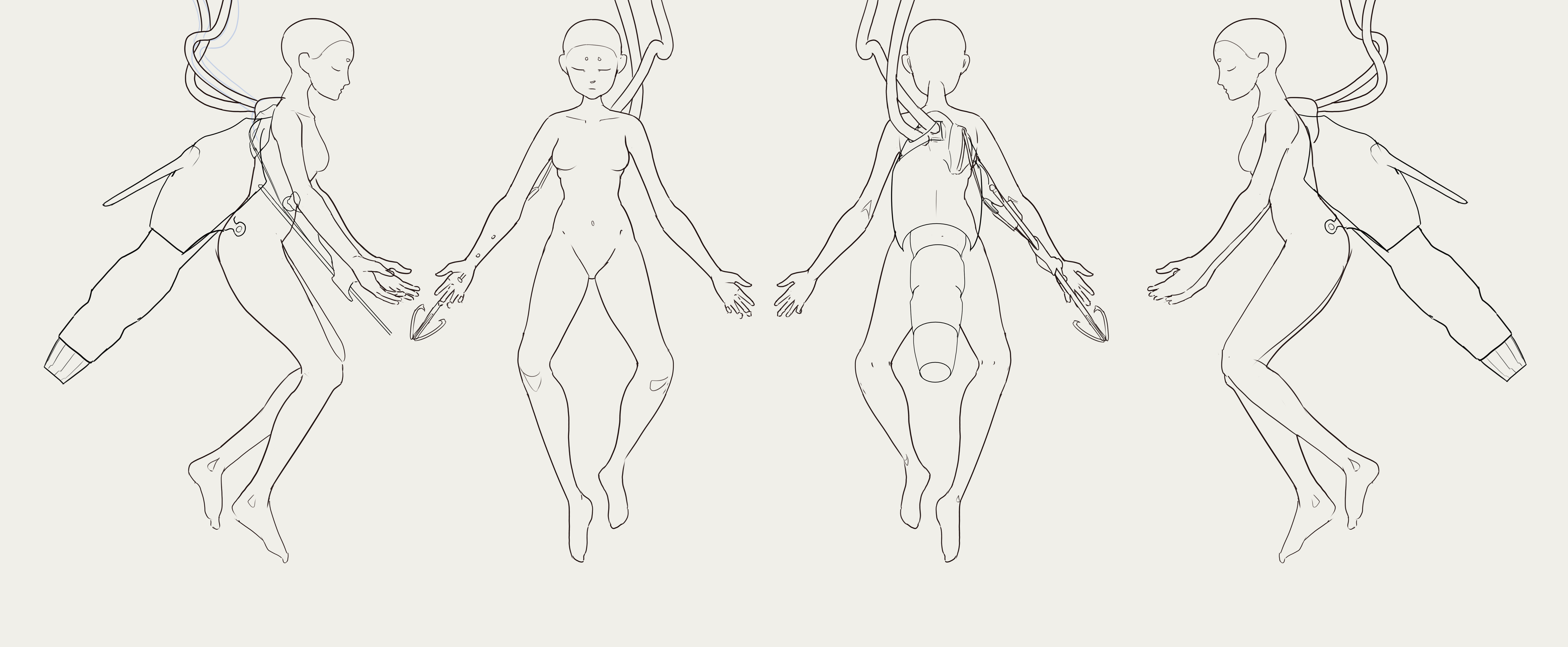 Four sketches of the doll. The right and left ones have an insectoid mechanical thruster attached to the doll's mid back.